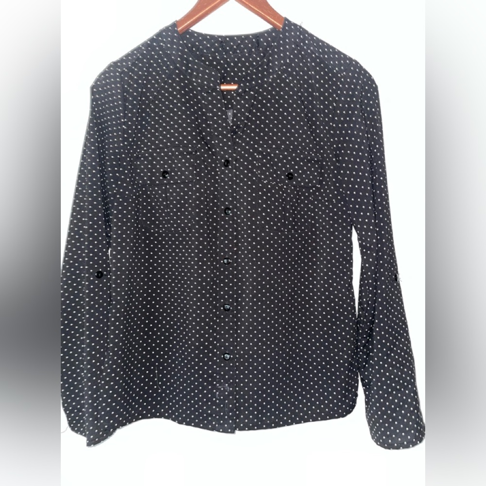 WOMENS BLOUSE/TOP BLUE/NAVY BUTTON DOWN ROLL UP SLEEVES POCKETS POLKA DOTS
